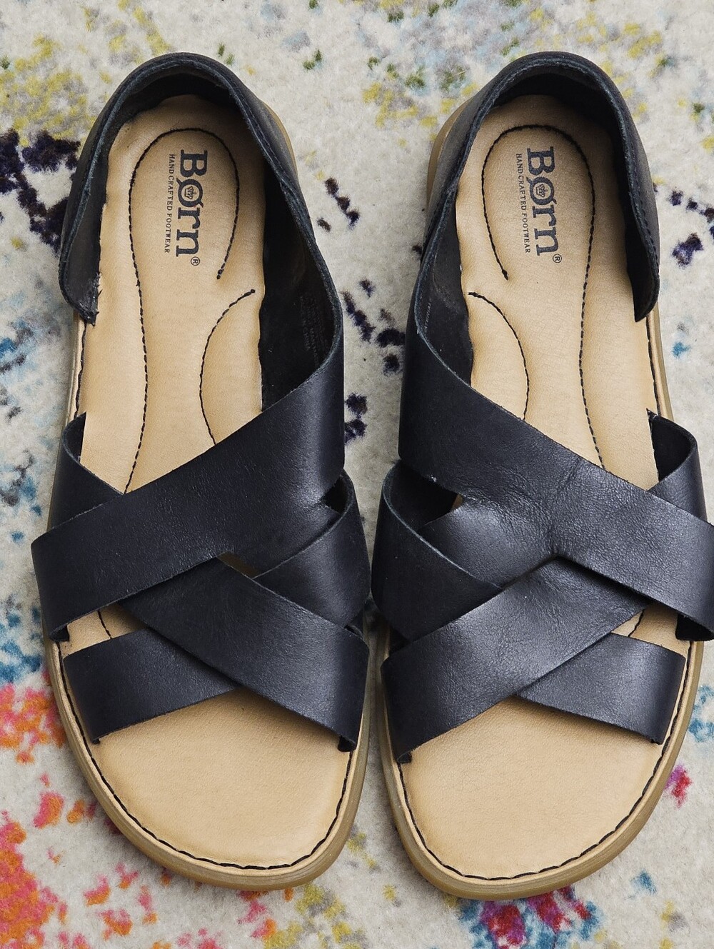 Born ITHICA Women's Black Leather Sandals Size 8.5 Slip On Strappy Shoes